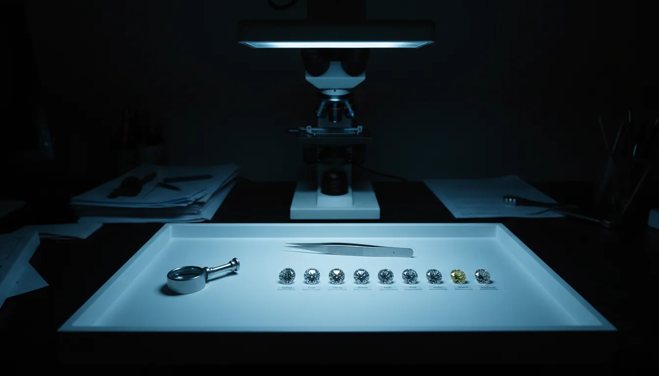 The grading room — stones under D65 light at the certification bench