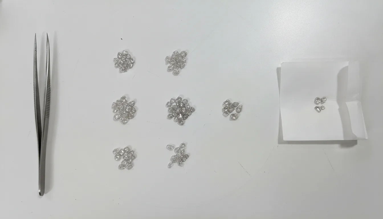 Diamonds laid out for sorting on the grading table